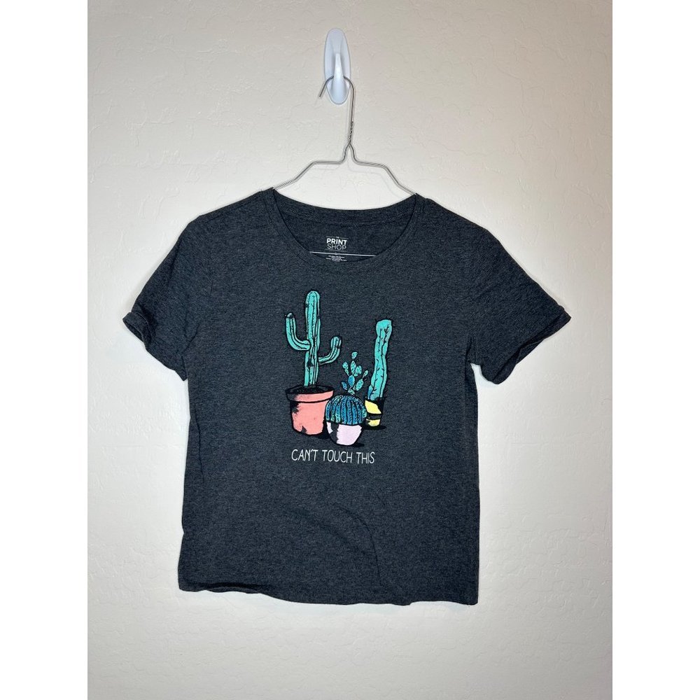 The Print Shop Women T-Shirt Large Navy Short Sleeve Cactus Graphic Tee Pullover